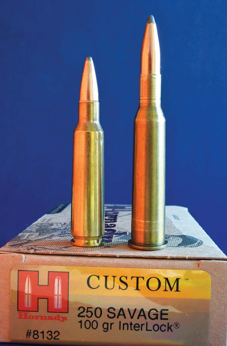 Charles Newton’s 250 Savage (left) fits Savage 99 rifles. The 25 Krag (right) trumps it ballistically.